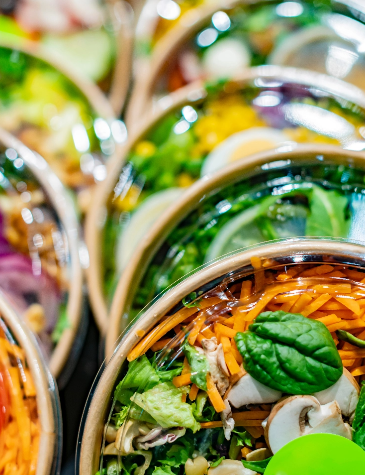 Macro photo of packaged salad bowls