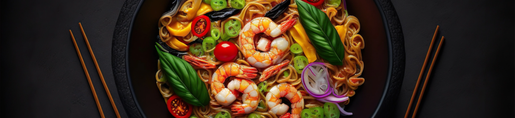 A noodle dish topped with crunchy asian vegetables and shrimp.
