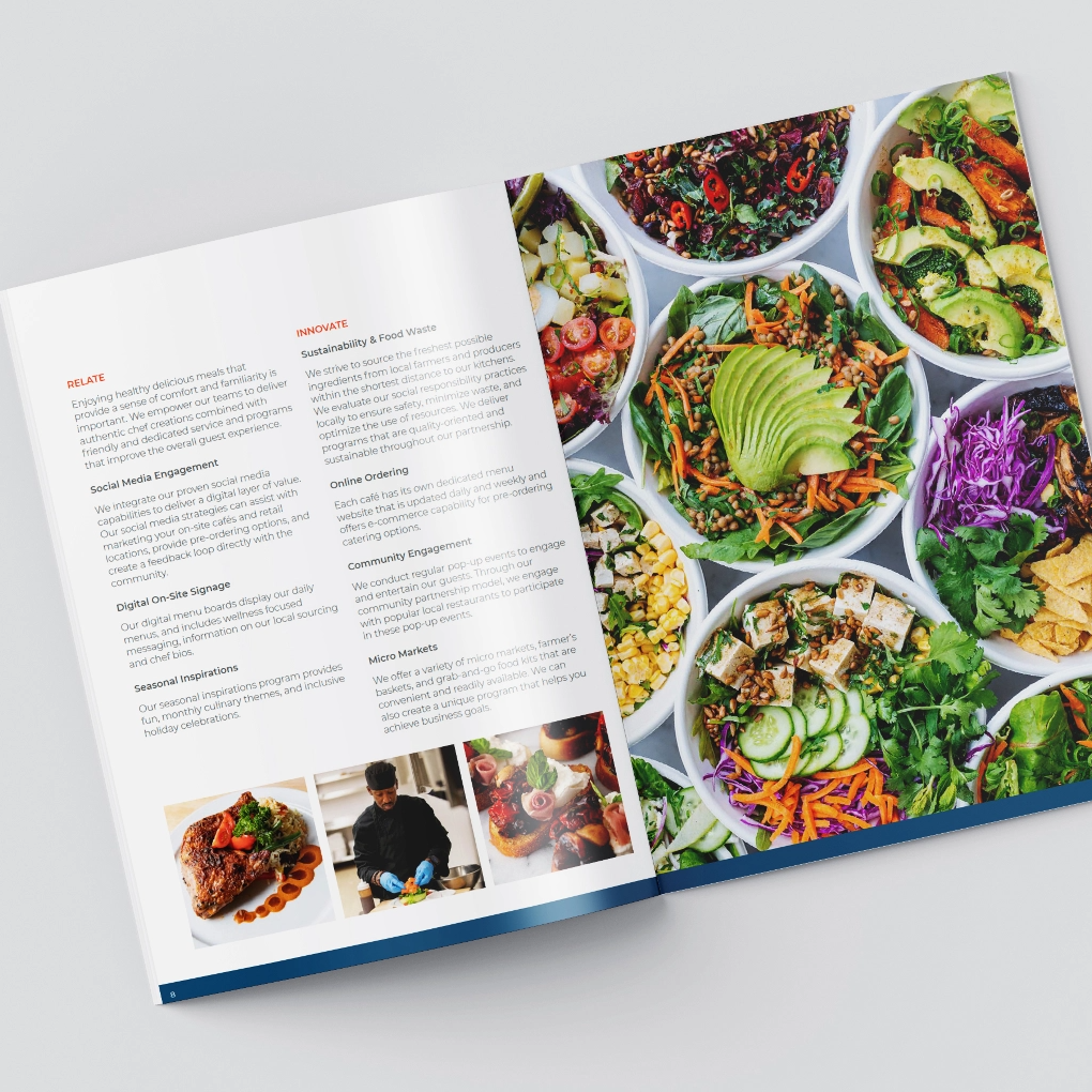 Dana brochure opened to a spread showing healthy food