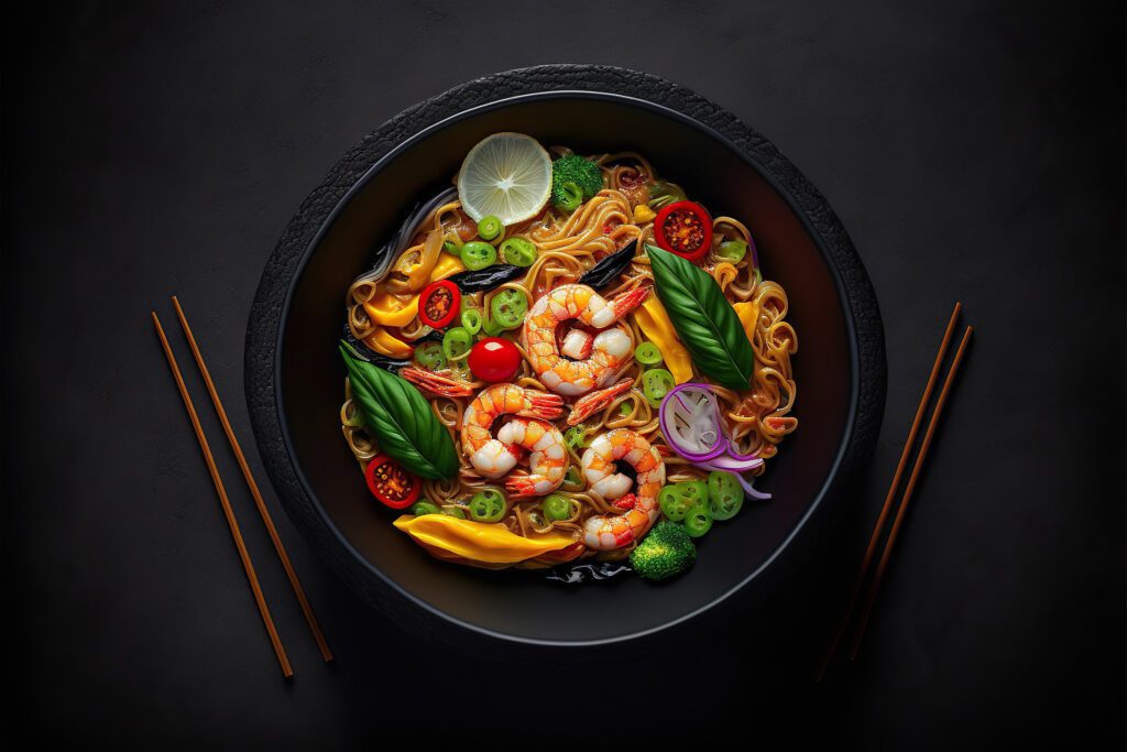 Stir fry chinese noodles with shrimp and vegetables in a black bowl